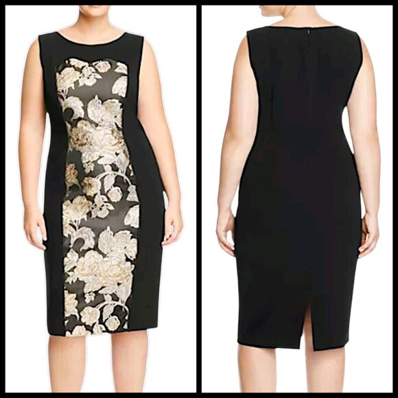 Marina Rinaldi Dorico Metallic Floral Midi Dress Black Gold Cocktail Size 16 16W - Picture 15 of 15